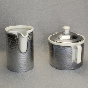 Koenigszelt Germany Hammered Silver Overlay Porcelain Creamer Sugar Bowl Set Vtg
